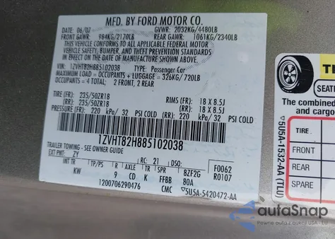 2008 Ford Mustang Gt Deluxe/Gt Premium from USA, damaged, VIN 1ZVHT82H885102038